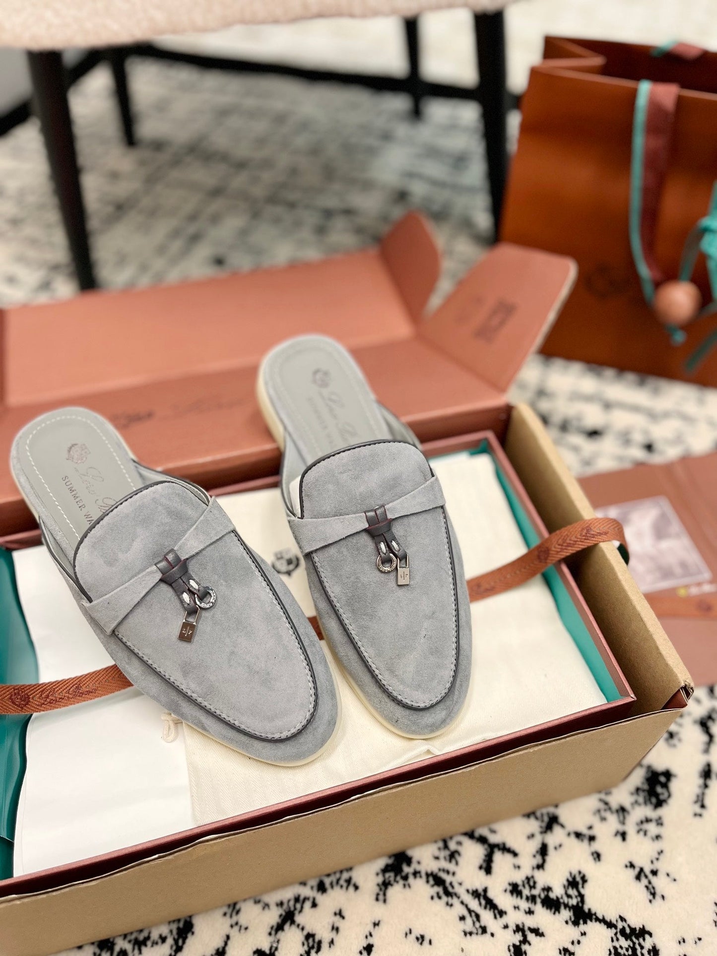 Loro Piana Grey Black Suede Charms Walk Flat Mules - 35