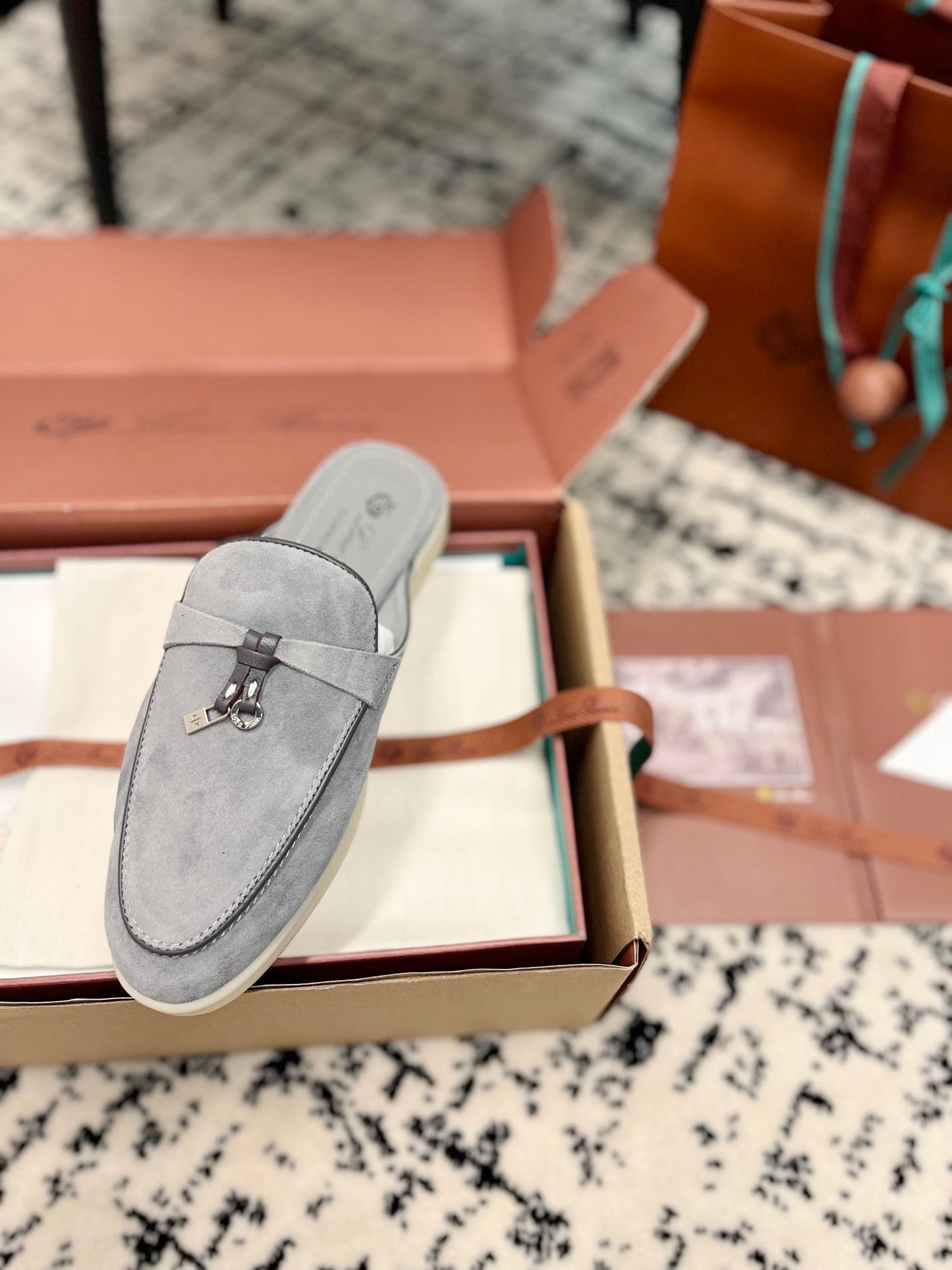 Loro Piana Grey Black Suede Charms Walk Flat Mules - 35