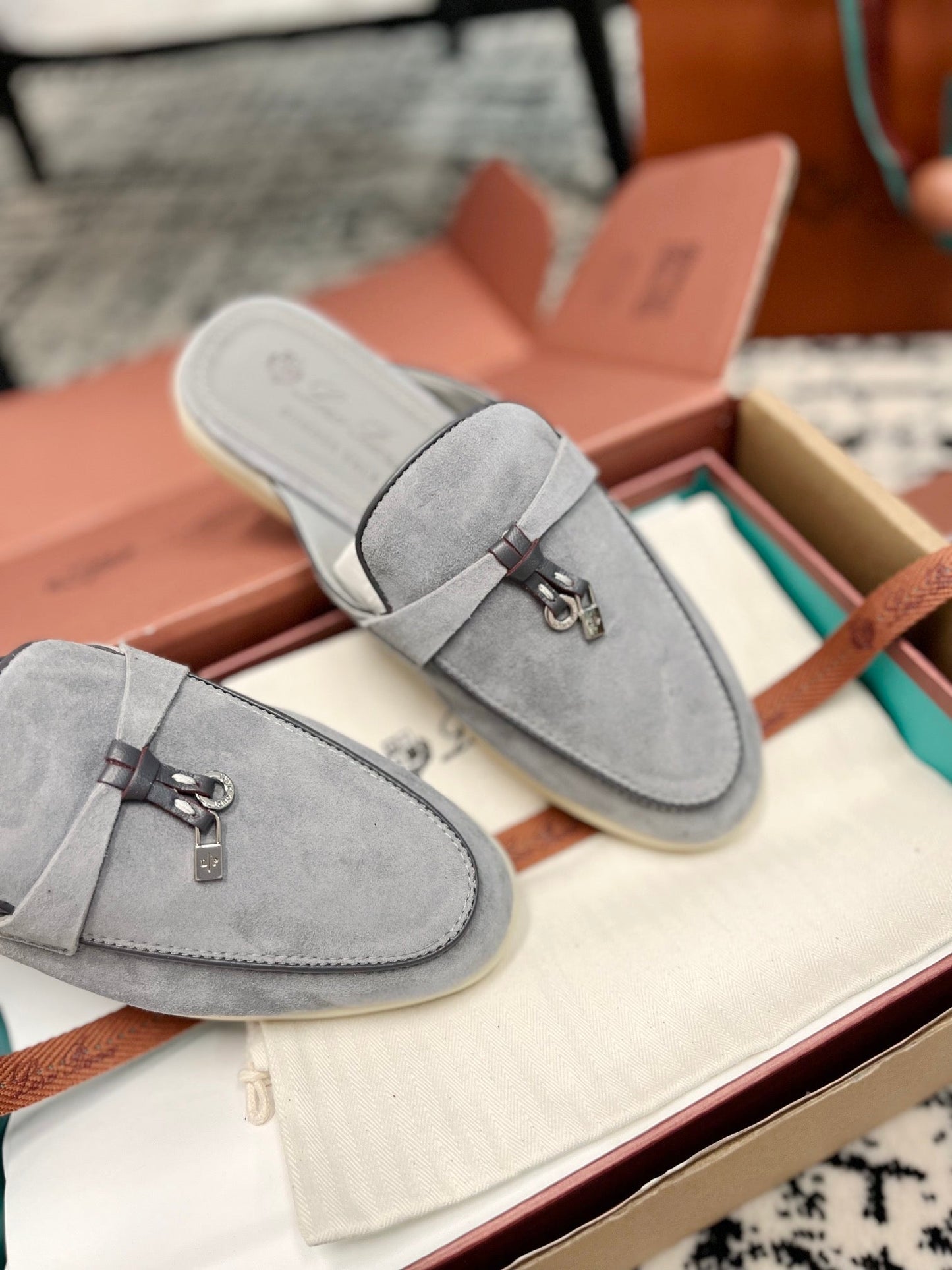 Loro Piana Grey Black Suede Charms Walk Flat Mules - 35