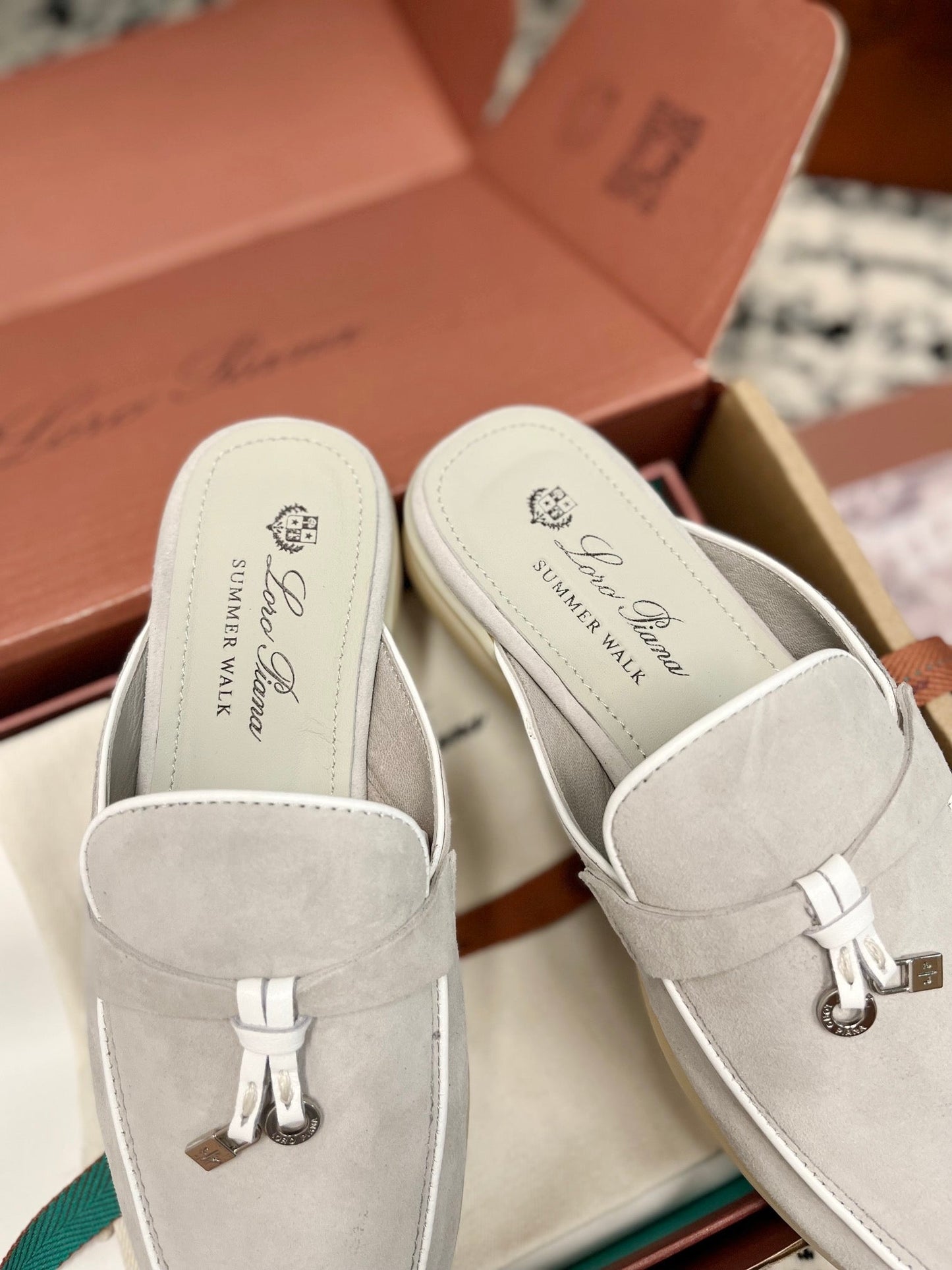 Loro Piana Grey White Suede Charms Walk Flat Mules - 35