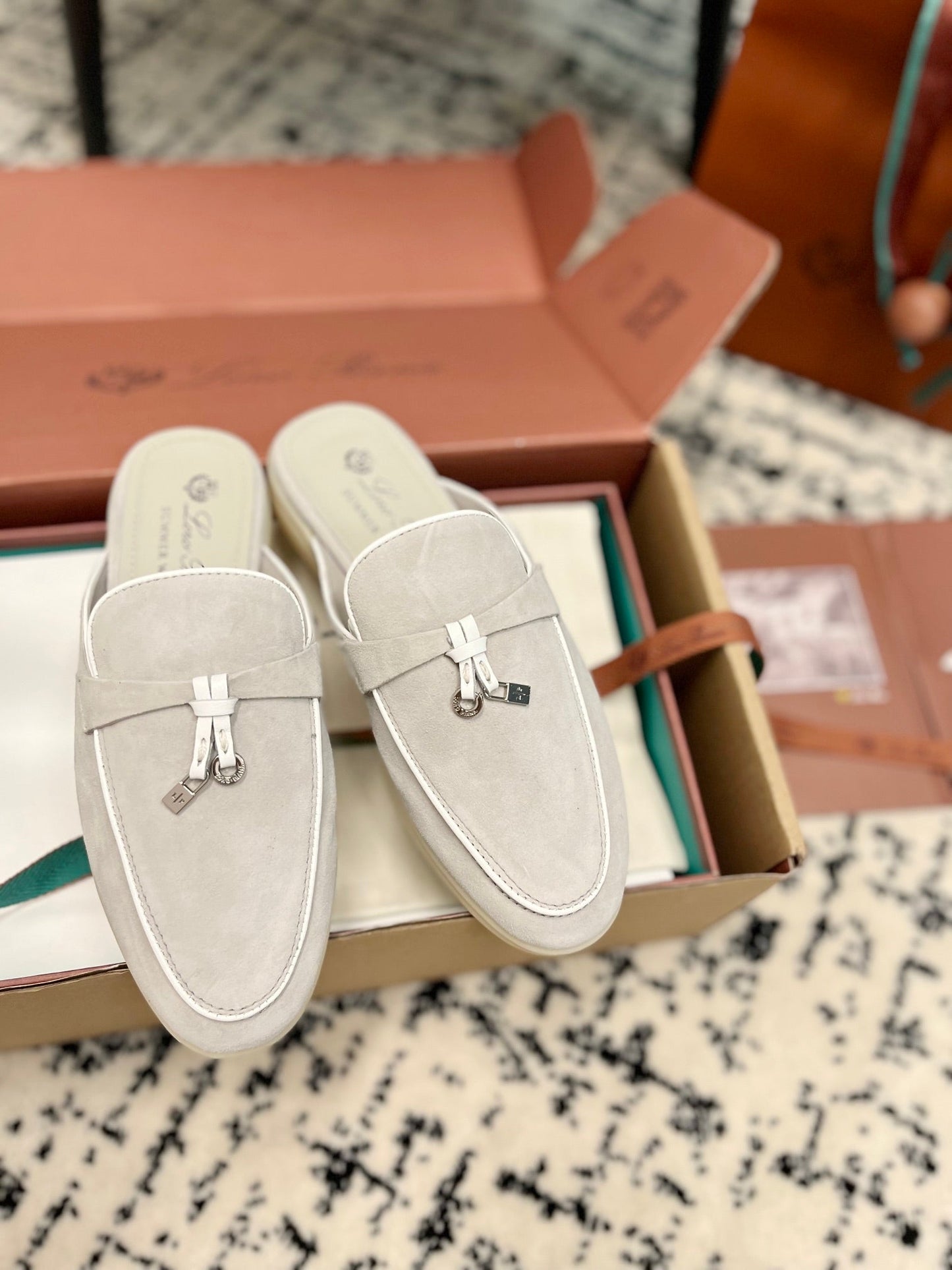 Loro Piana Grey White Suede Charms Walk Flat Mules - 35