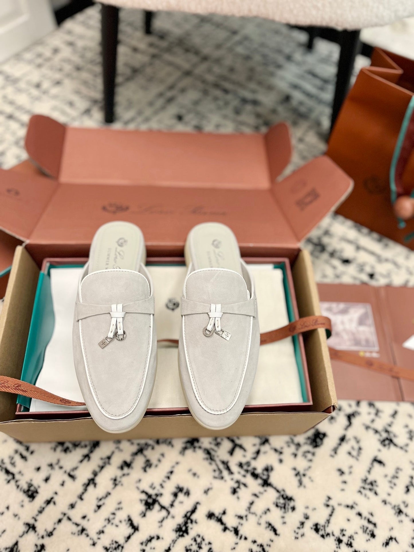 Loro Piana Grey White Suede Charms Walk Flat Mules - 35