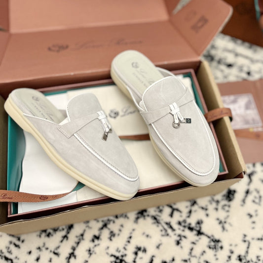 Loro Piana Grey White Suede Charms Walk Flat Mules - 35