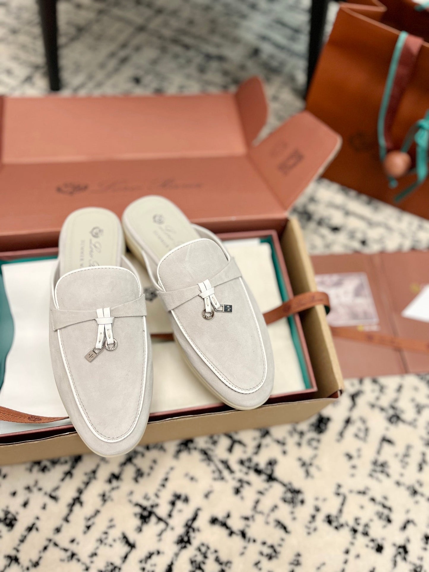 Loro Piana Grey White Suede Charms Walk Flat Mules - 35