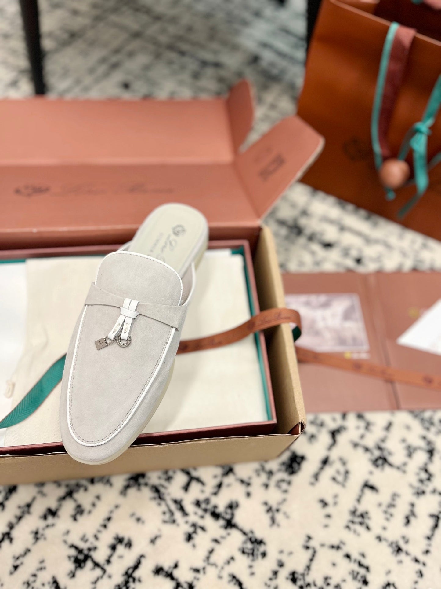 Loro Piana Grey White Suede Charms Walk Flat Mules - 35