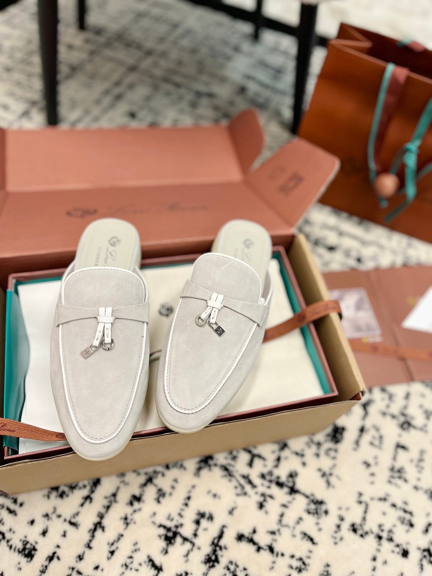 Loro Piana Grey White Suede Charms Walk Flat Mules - 35