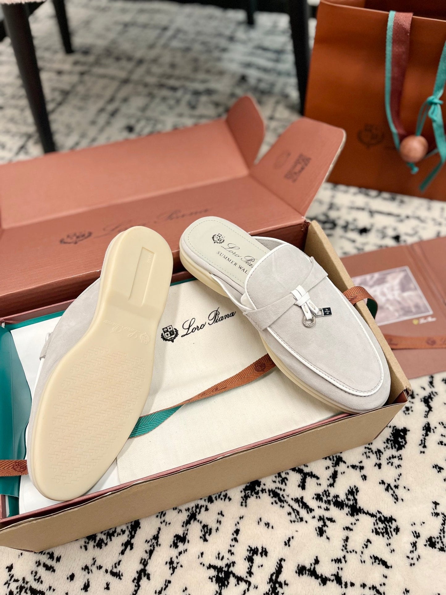 Loro Piana Grey White Suede Charms Walk Flat Mules - 35
