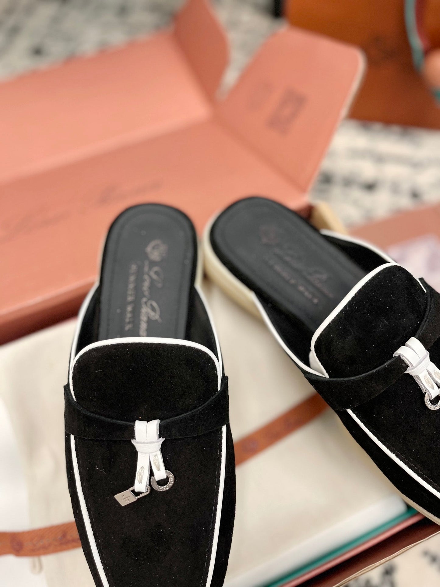 Loro Piana Black White Suede Charms Walk Flat Mules - 35