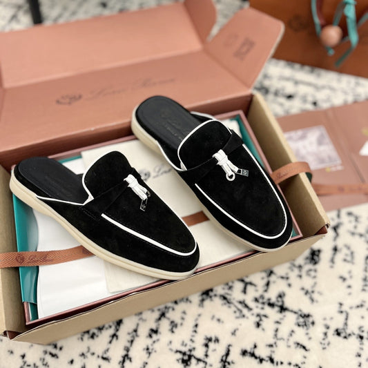 Loro Piana Black White Suede Charms Walk Flat Mules - 35
