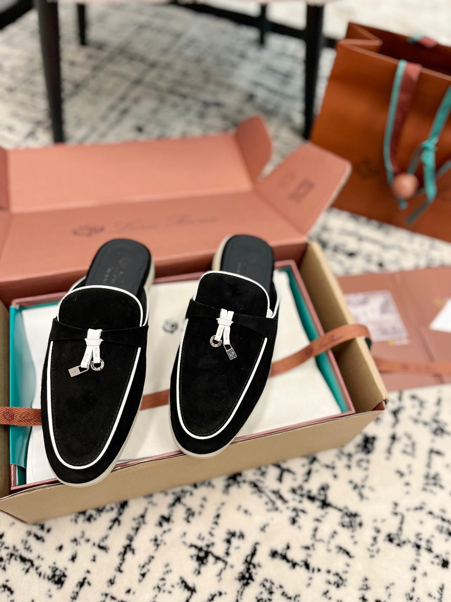 Loro Piana Black White Suede Charms Walk Flat Mules - 35
