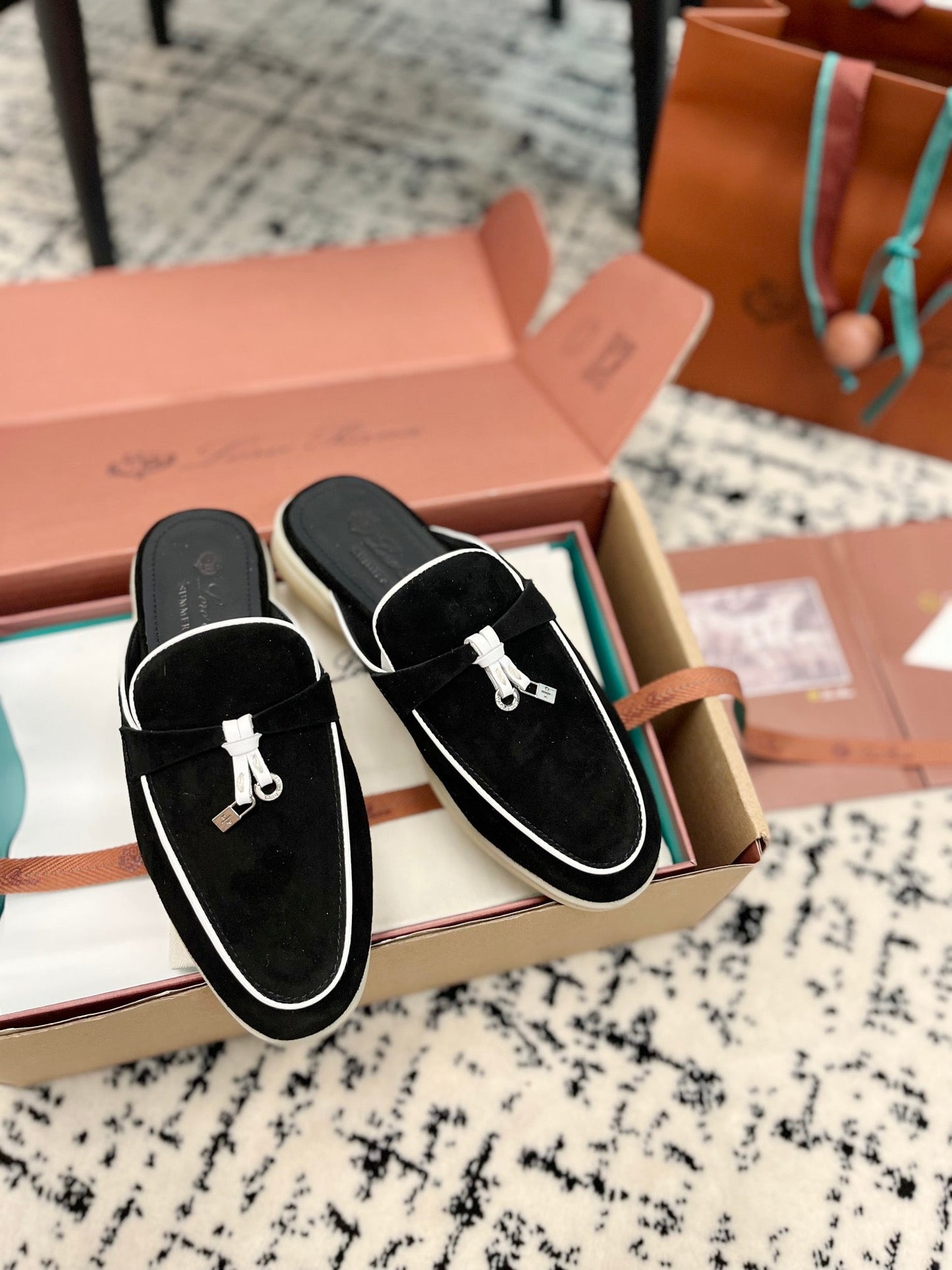 Loro Piana Black White Suede Charms Walk Flat Mules - 35
