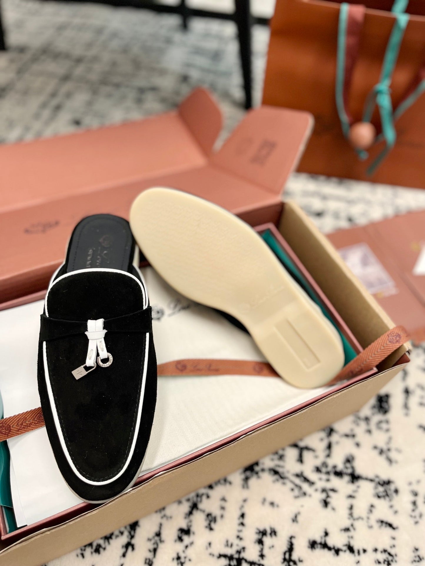 Loro Piana Black White Suede Charms Walk Flat Mules - 35