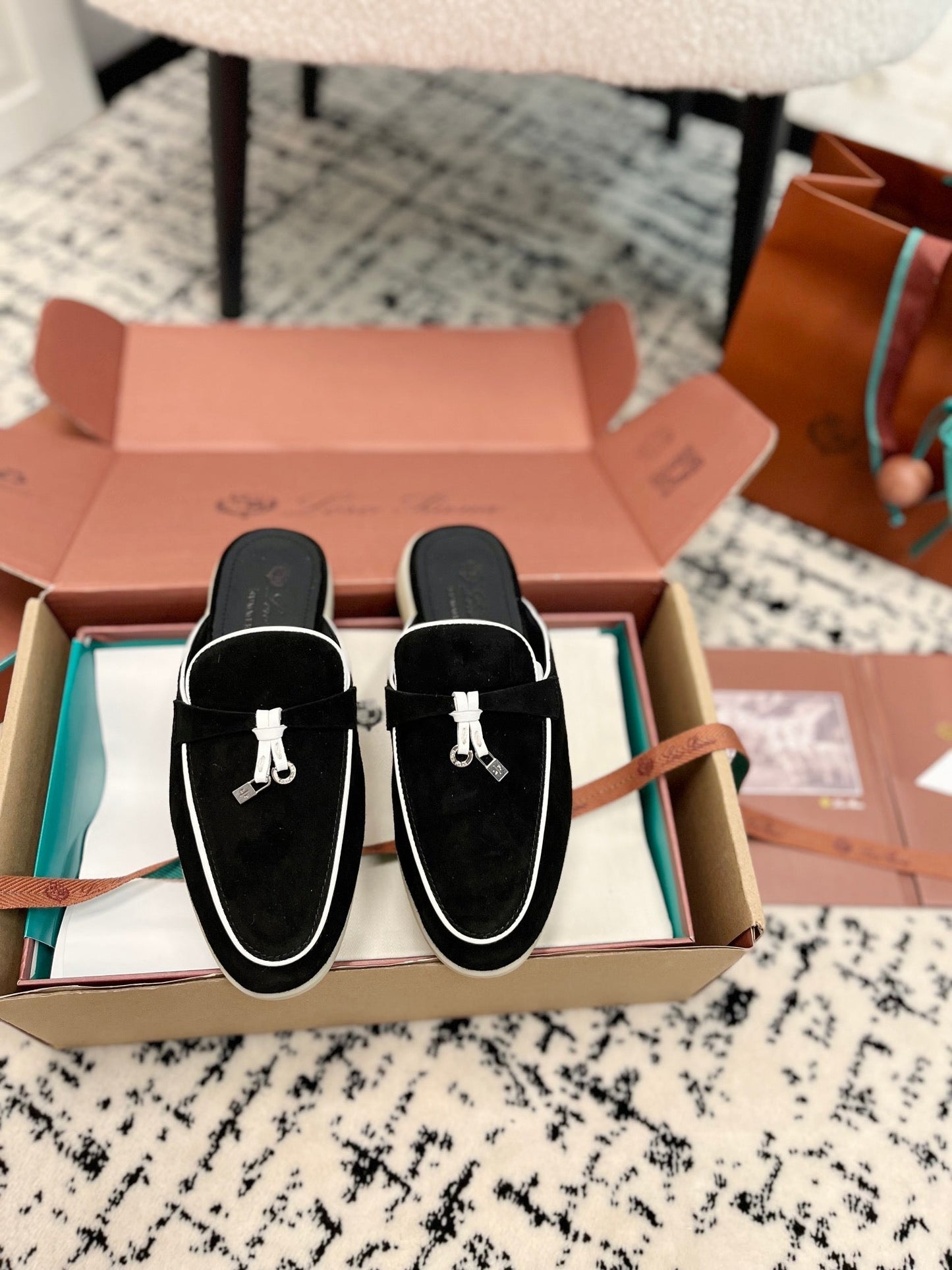 Loro Piana Black White Suede Charms Walk Flat Mules - 35