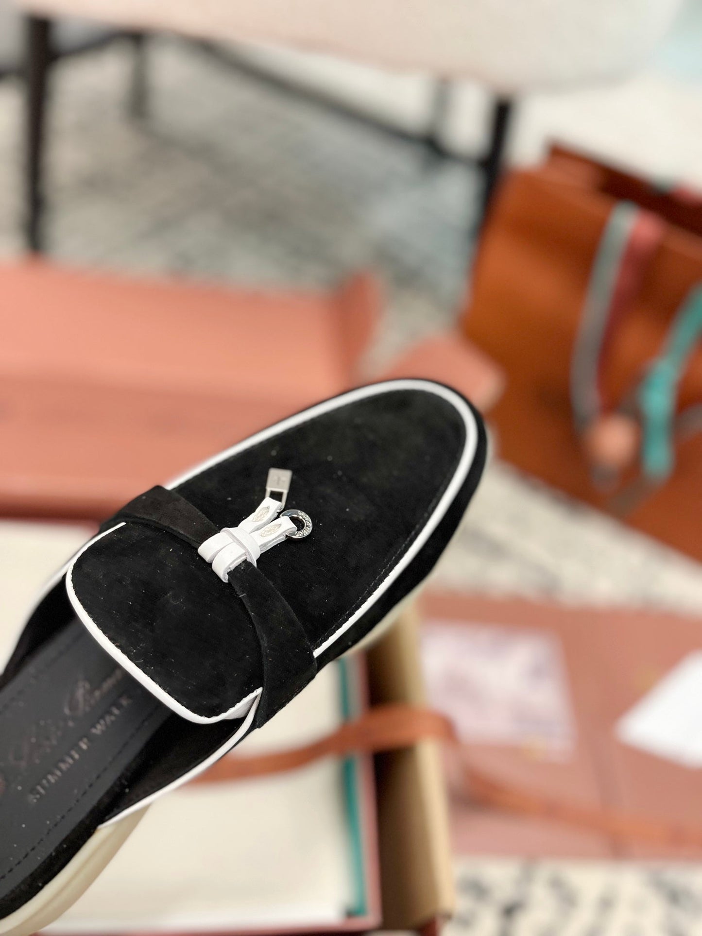 Loro Piana Black White Suede Charms Walk Flat Mules - 35