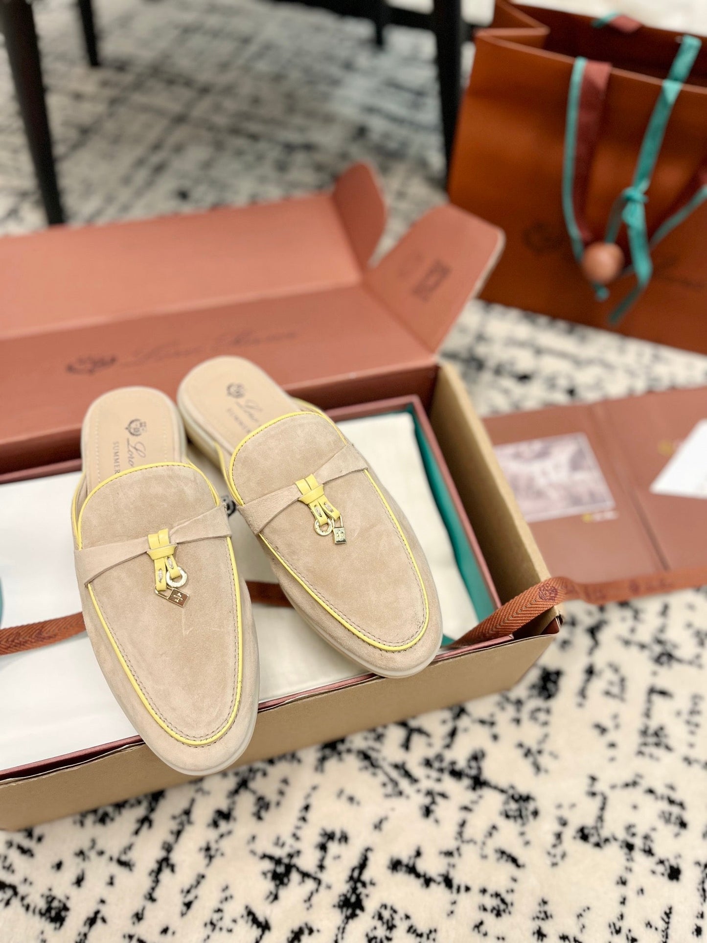 Loro Piana Beige Yellow Suede Charms Walk Flat Mules - 35