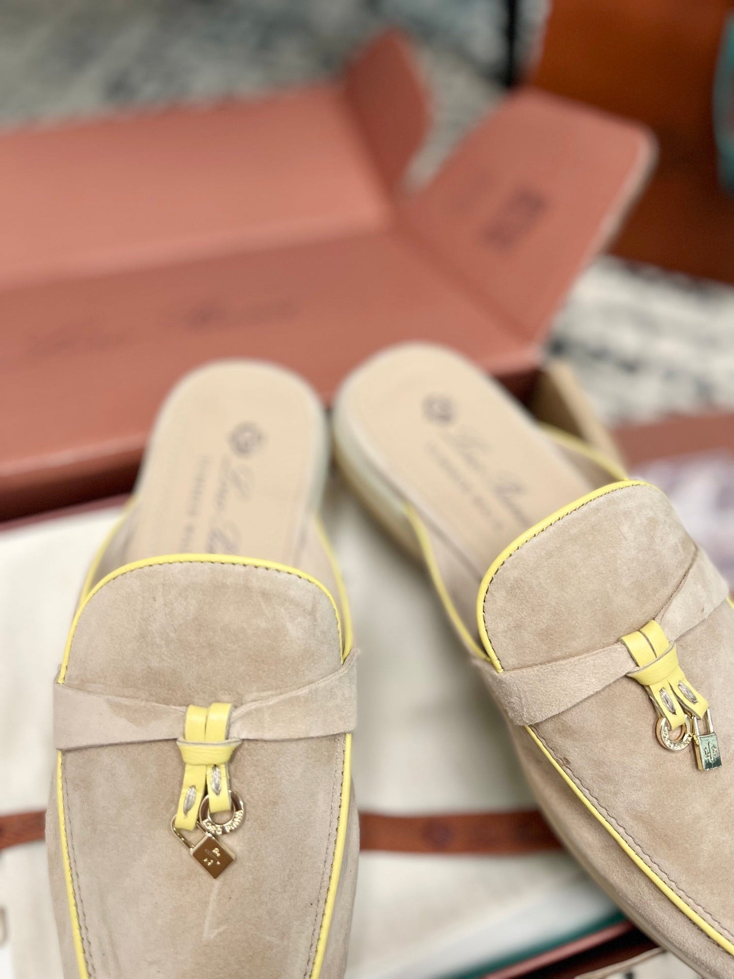 Loro Piana Beige Yellow Suede Charms Walk Flat Mules - 35