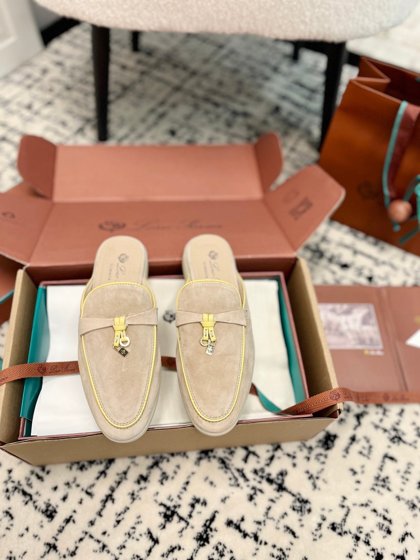 Loro Piana Beige Yellow Suede Charms Walk Flat Mules - 35