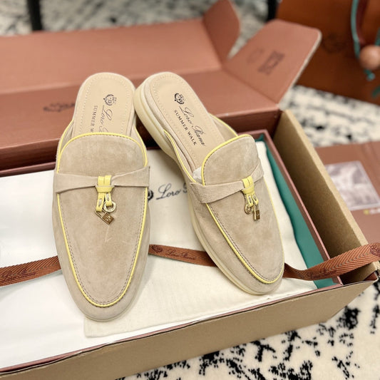 Loro Piana Beige Yellow Suede Charms Walk Flat Mules - 35