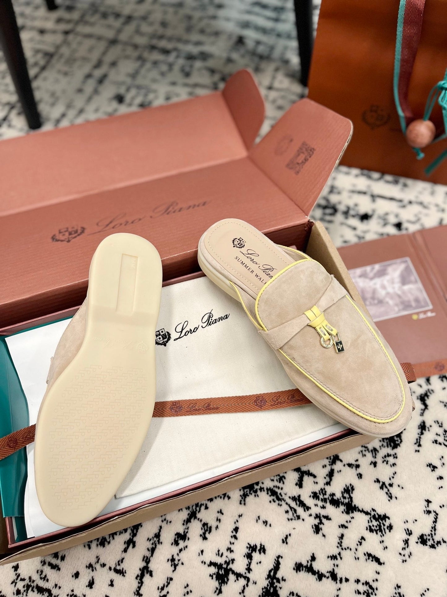 Loro Piana Beige Yellow Suede Charms Walk Flat Mules - 35