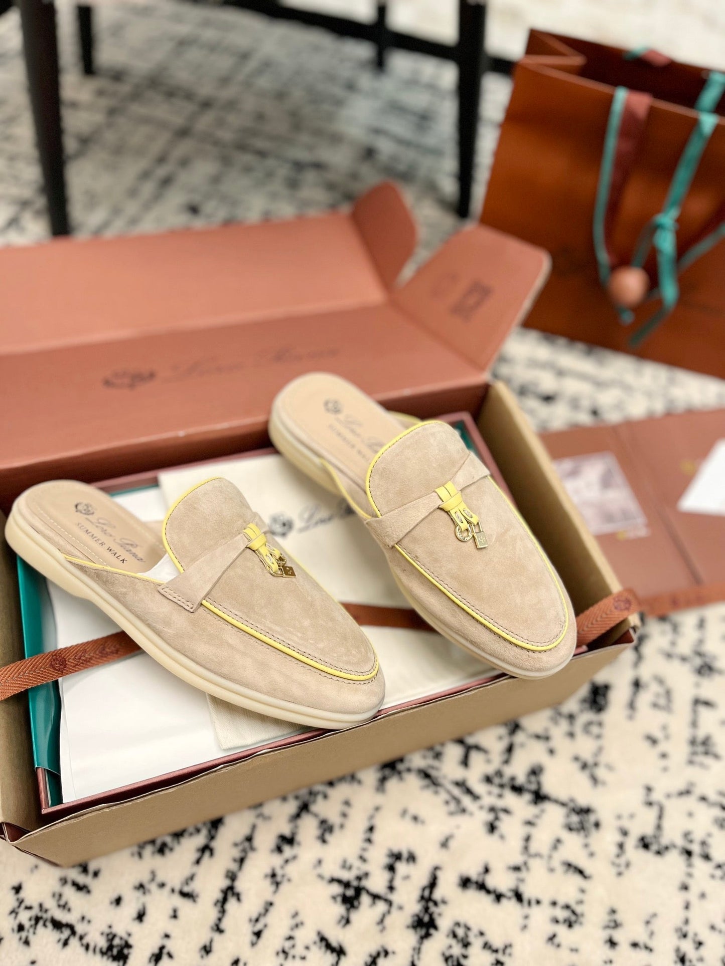 Loro Piana Beige Yellow Suede Charms Walk Flat Mules - 35