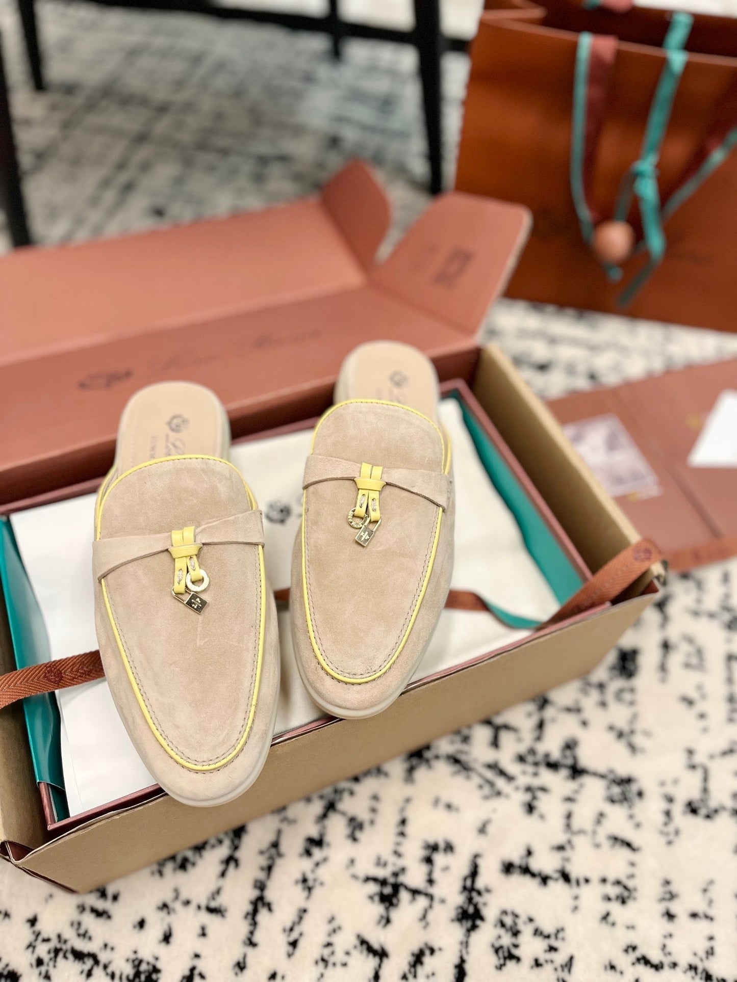 Loro Piana Beige Yellow Suede Charms Walk Flat Mules - 35