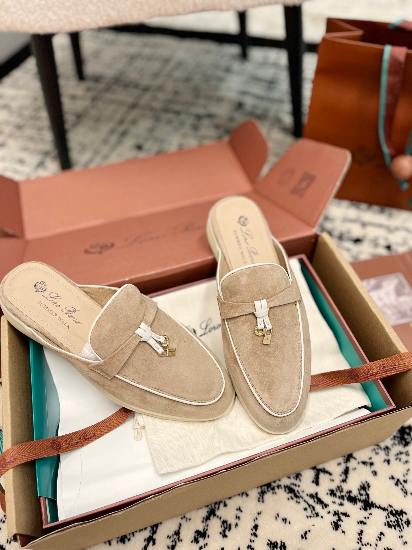 Loro Piana Beige White Suede Charms Walk Flat Mules - 35
