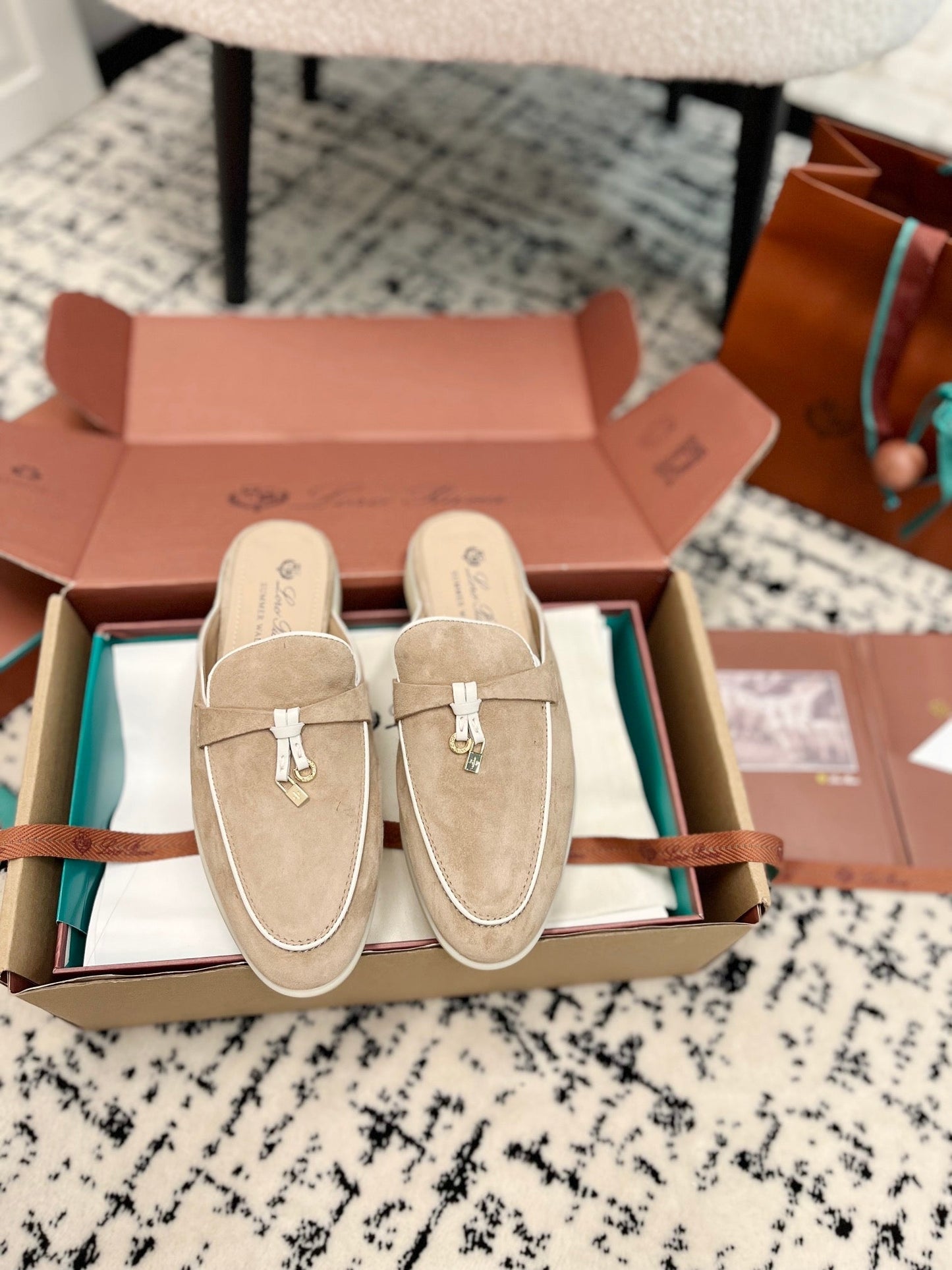 Loro Piana Beige White Suede Charms Walk Flat Mules - 35