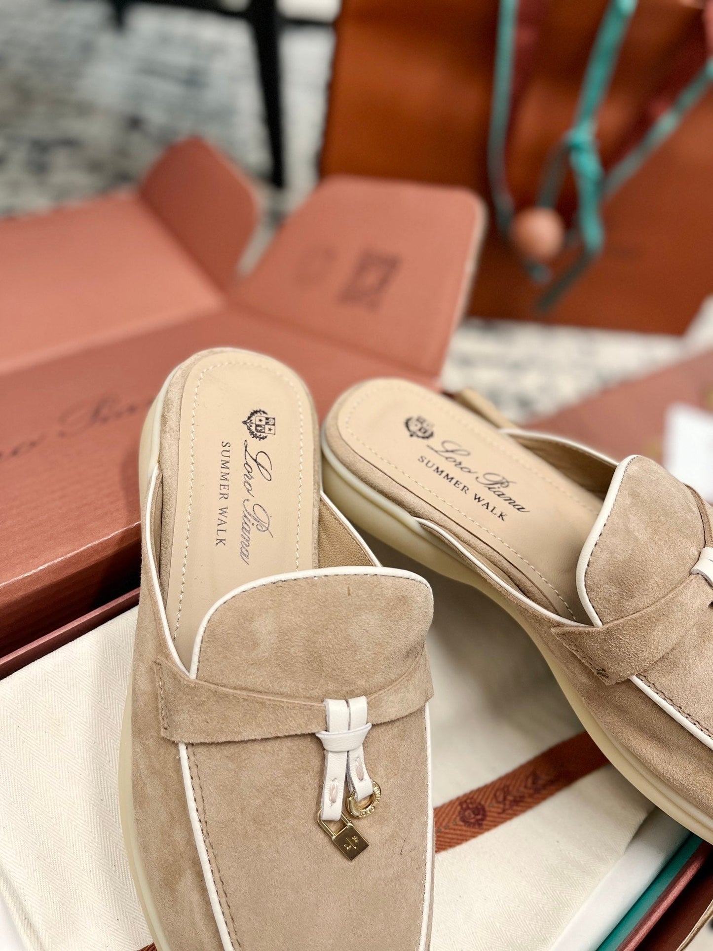 Loro Piana Beige White Suede Charms Walk Flat Mules - 35