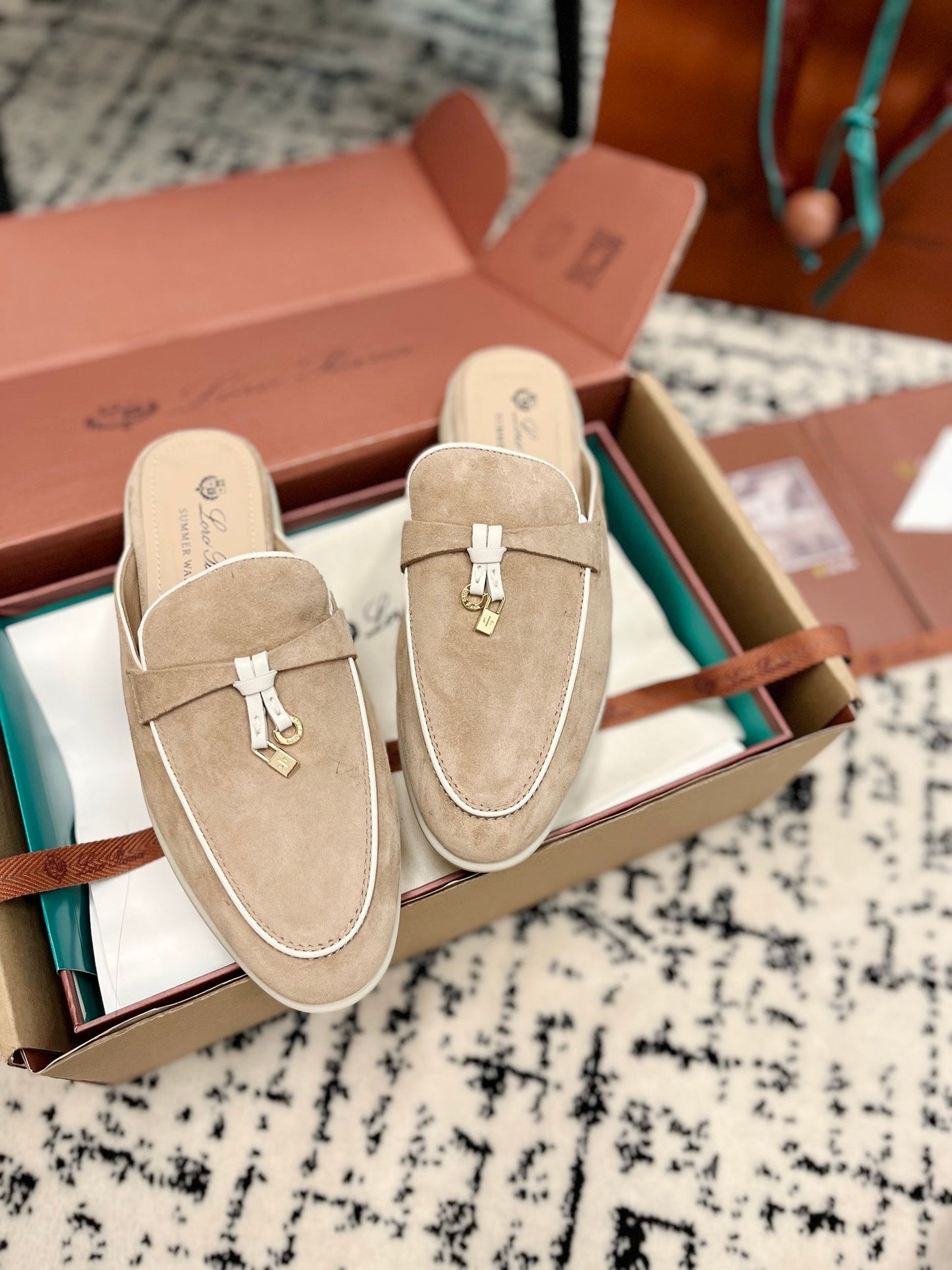 Loro Piana Beige White Suede Charms Walk Flat Mules - 35