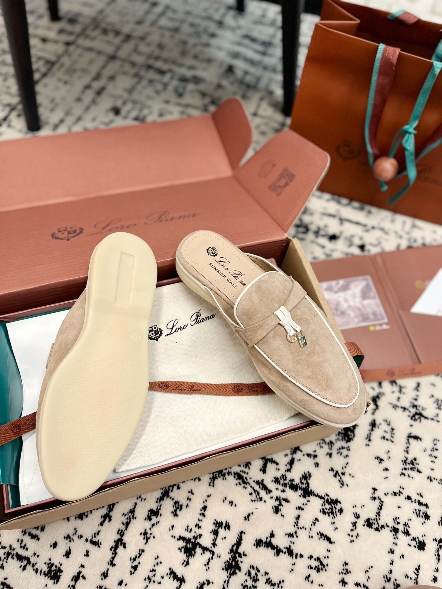 Loro Piana Beige White Suede Charms Walk Flat Mules - 35