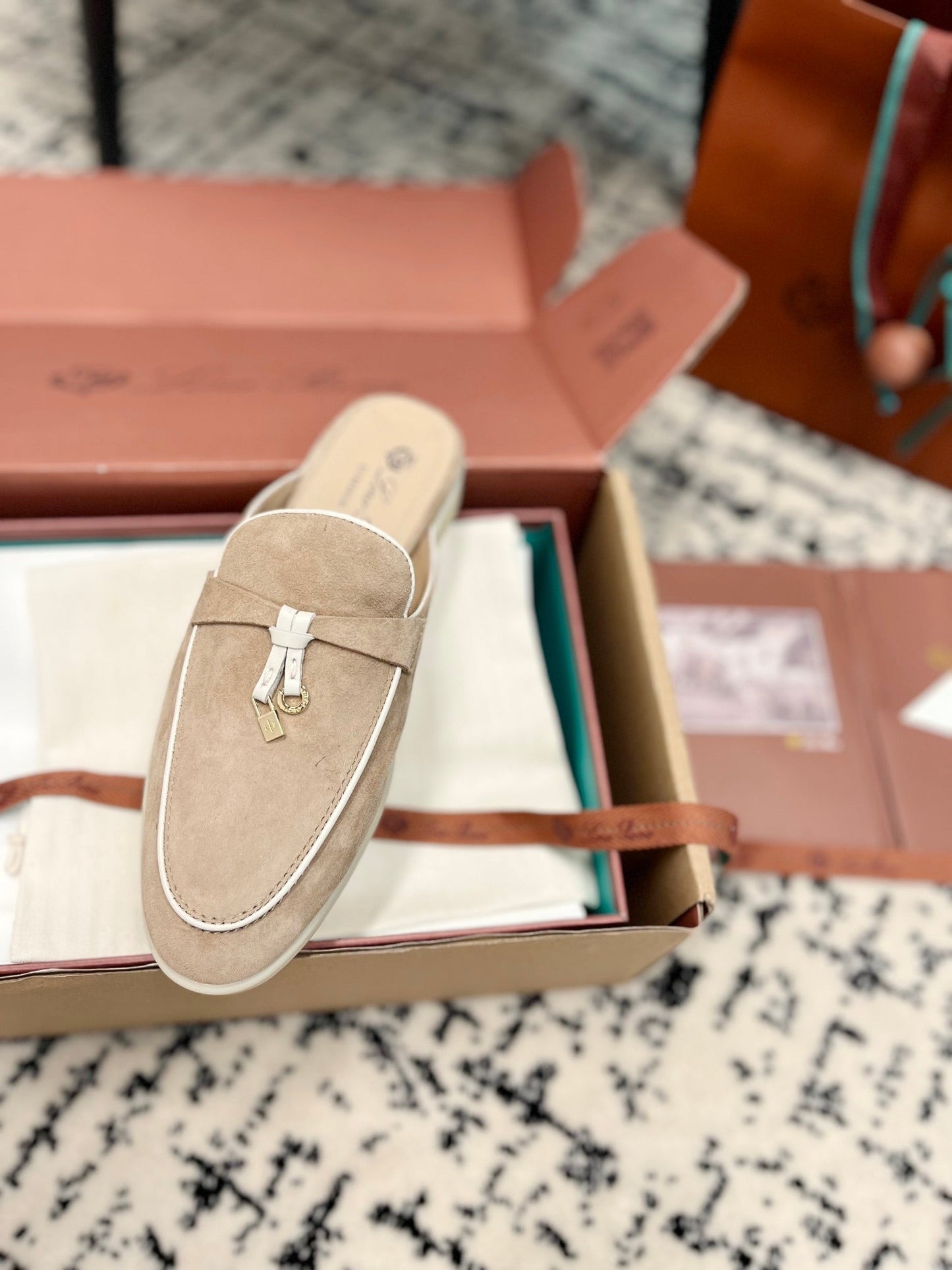Loro Piana Beige White Suede Charms Walk Flat Mules - 35