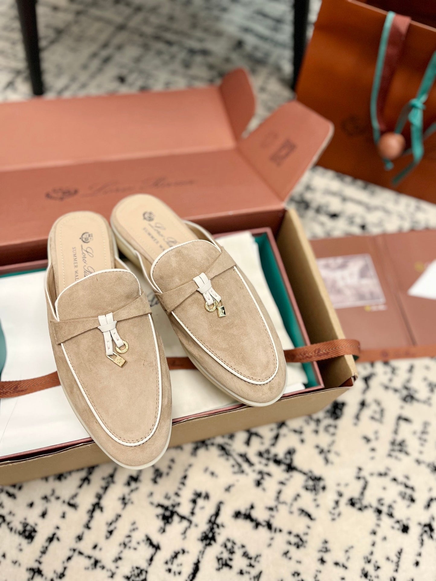 Loro Piana Beige White Suede Charms Walk Flat Mules - 35