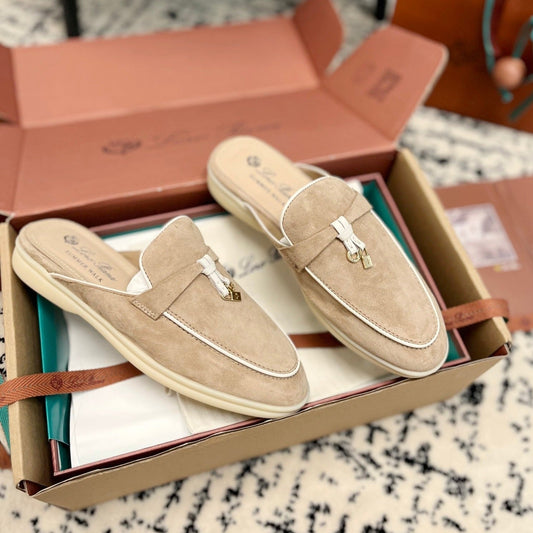 Loro Piana Beige White Suede Charms Walk Flat Mules - 35