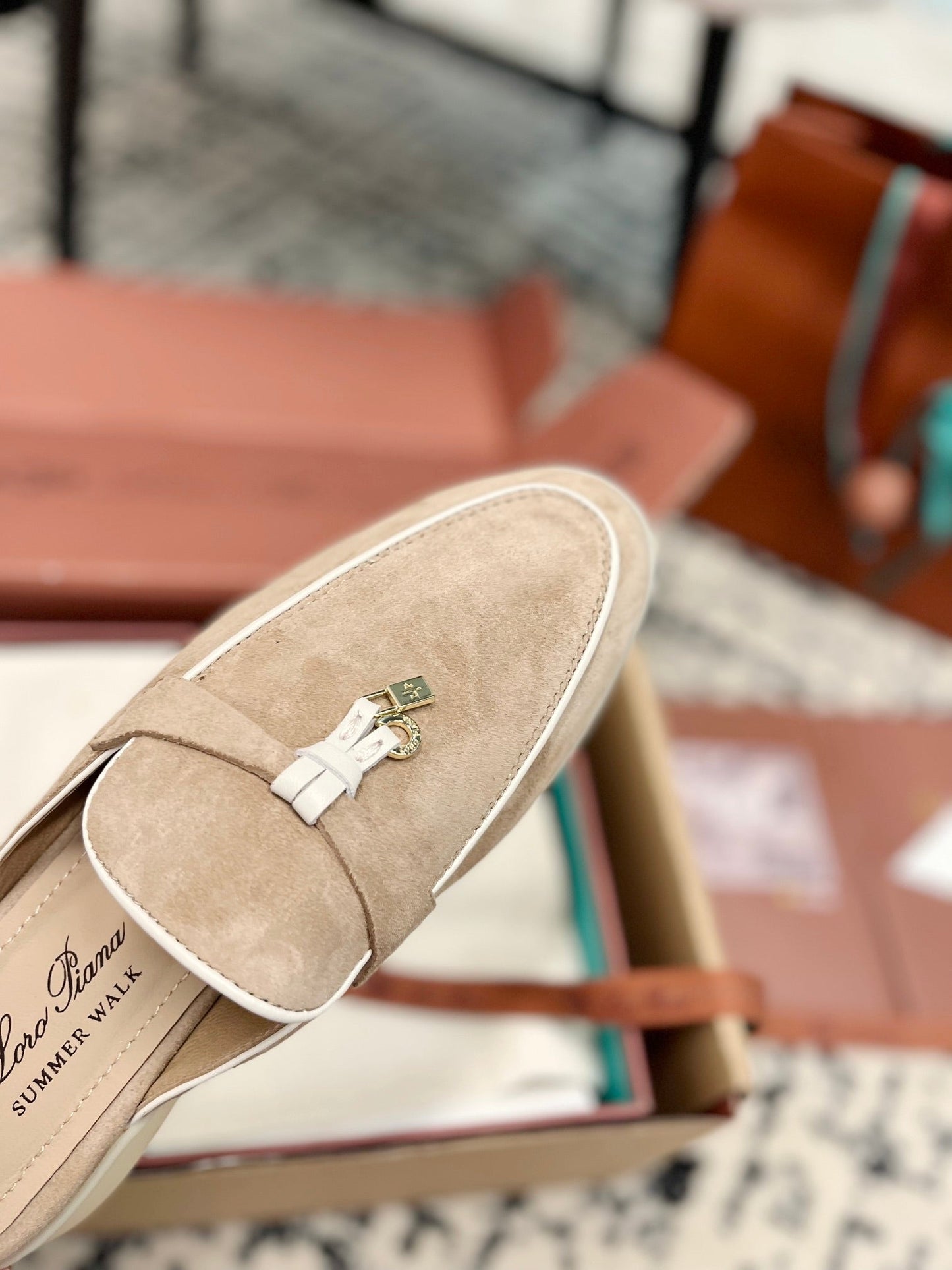 Loro Piana Beige White Suede Charms Walk Flat Mules - 35