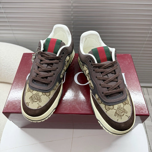 КРОСІВКИ GUCCI 26S MAC80 З БЕЖЕВОГО ПОЛОТНА ТА ТЕМНО-КОРИЧНЕВОЇ ШКІРИ