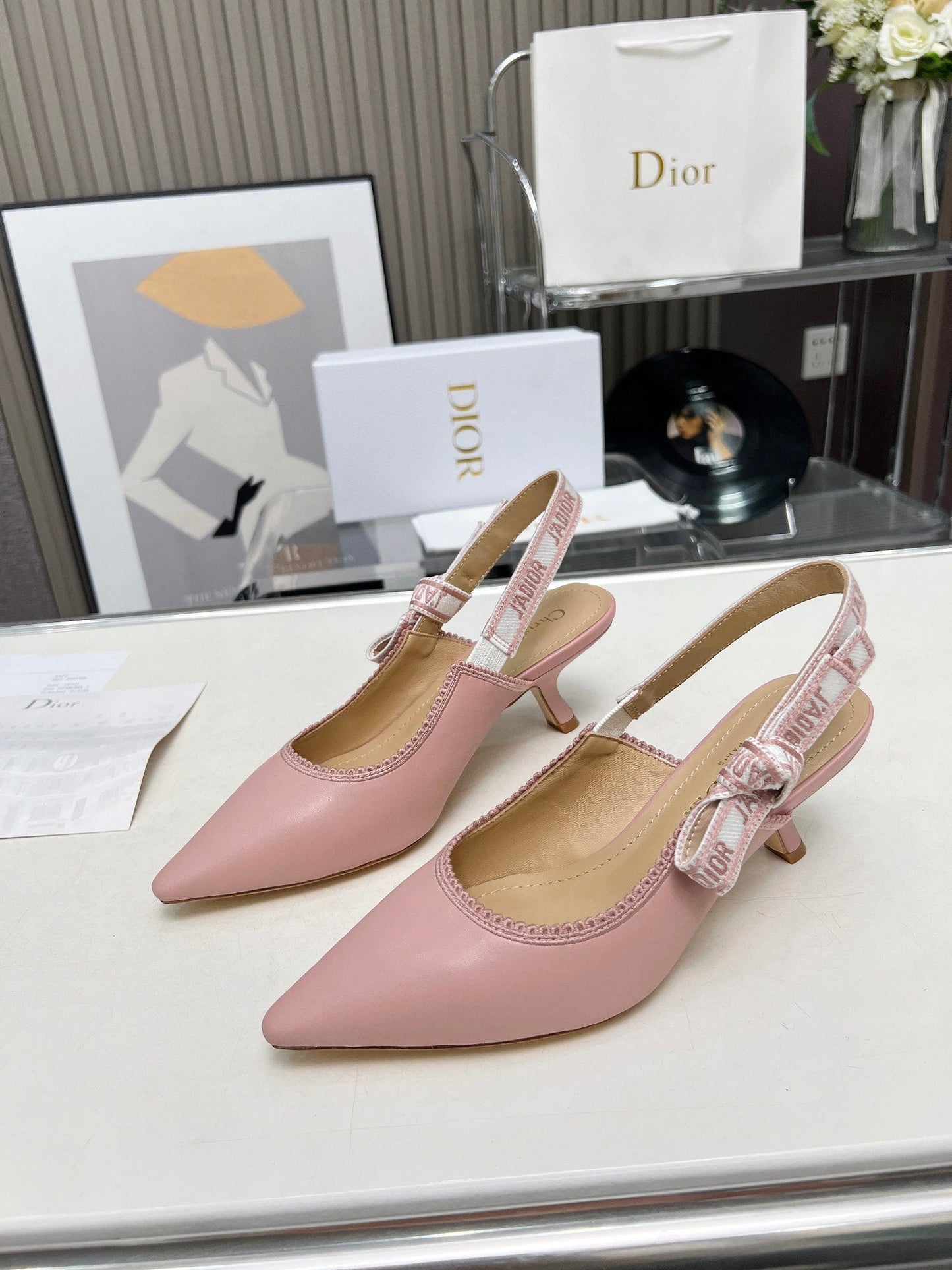 J'ADIOR SLINGBACK PUMP LIGHT PINK CALFSKIN AND EMBROIDERED FABRIC 65 MM - 34