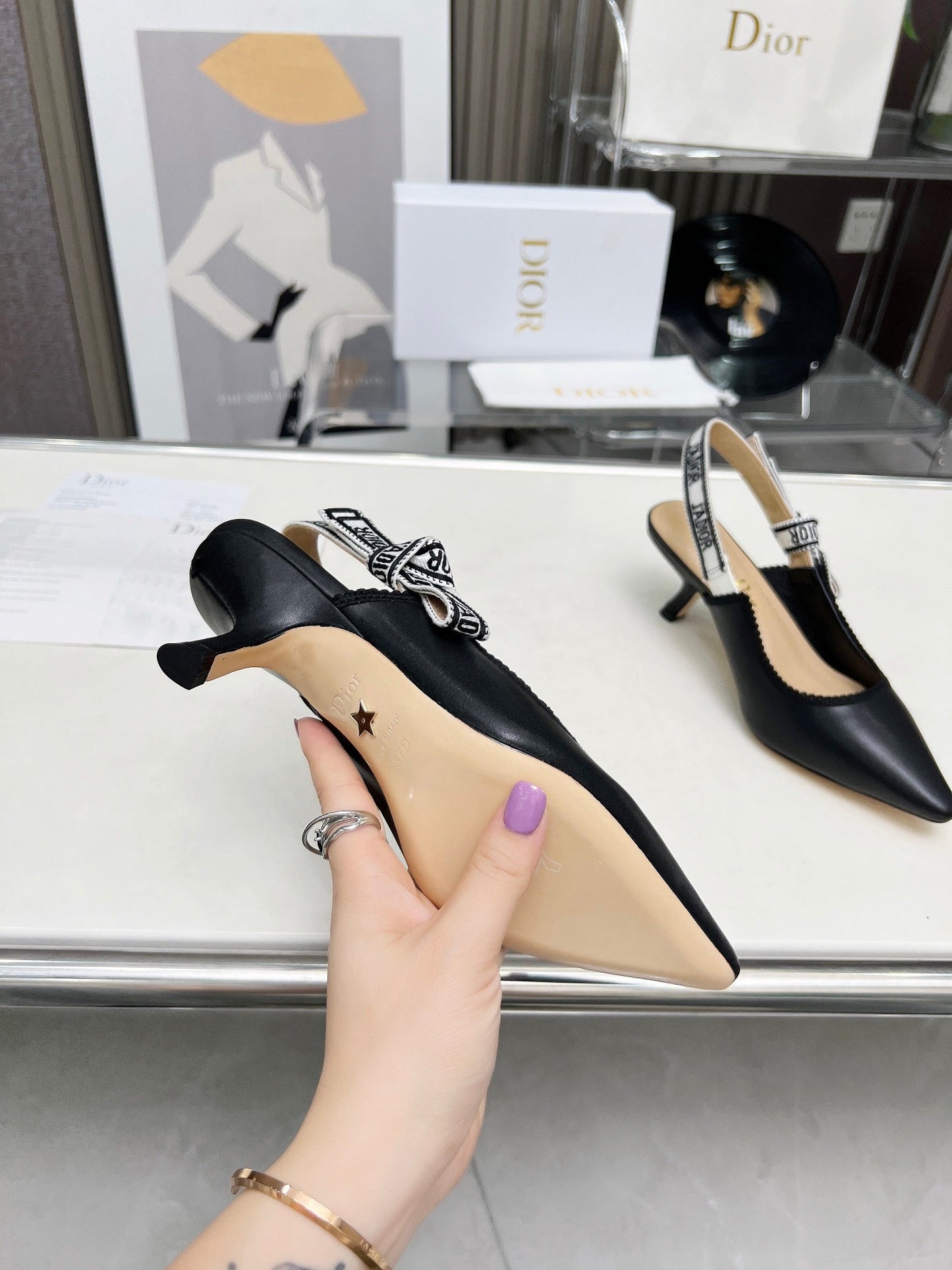 J'ADIOR SLINGBACK PUMP BLACK CALFSKIN AND EMBROIDERED FABRIC 65 MM - 34