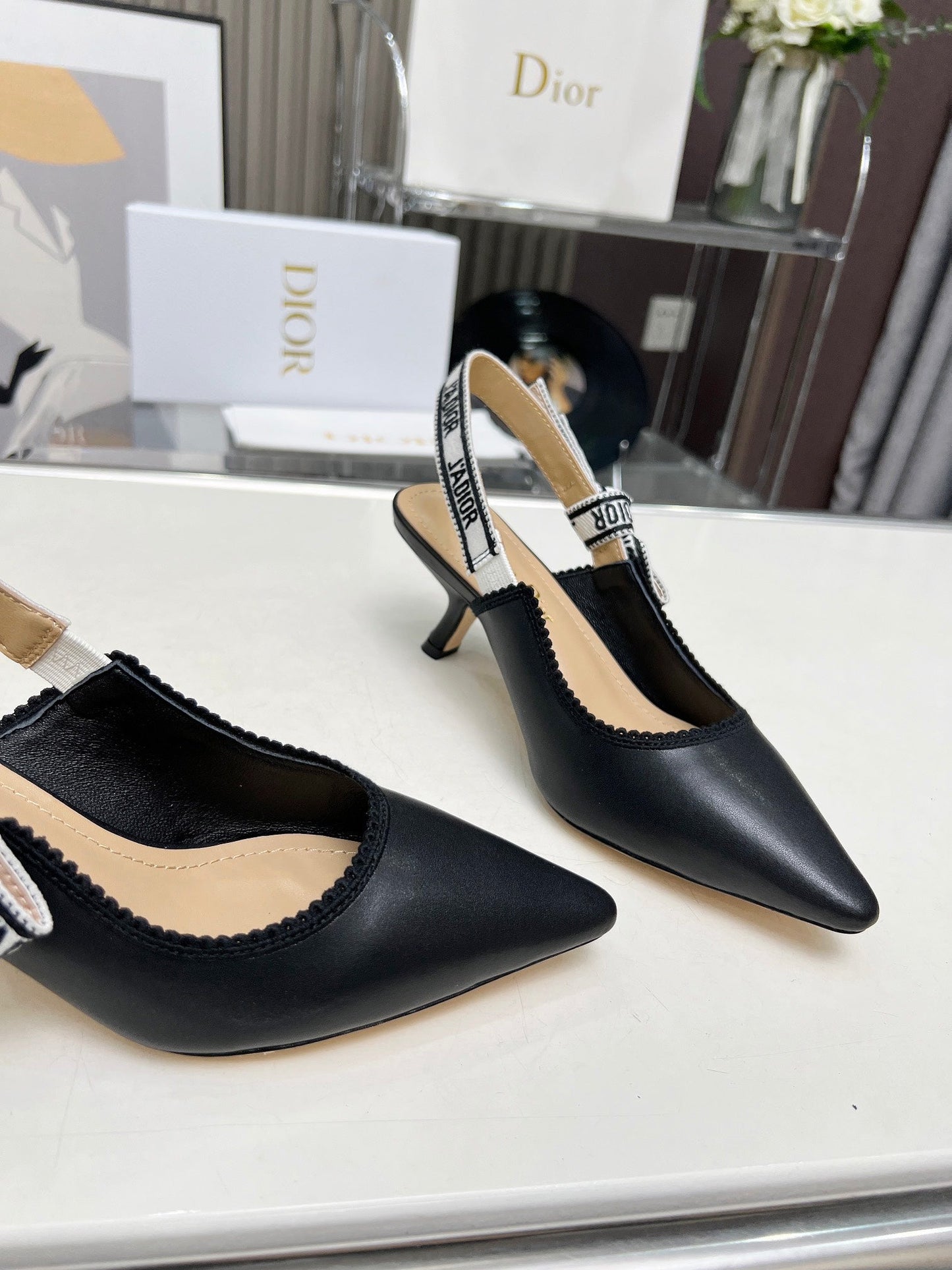 J'ADIOR SLINGBACK PUMP BLACK CALFSKIN AND EMBROIDERED FABRIC 65 MM - 34