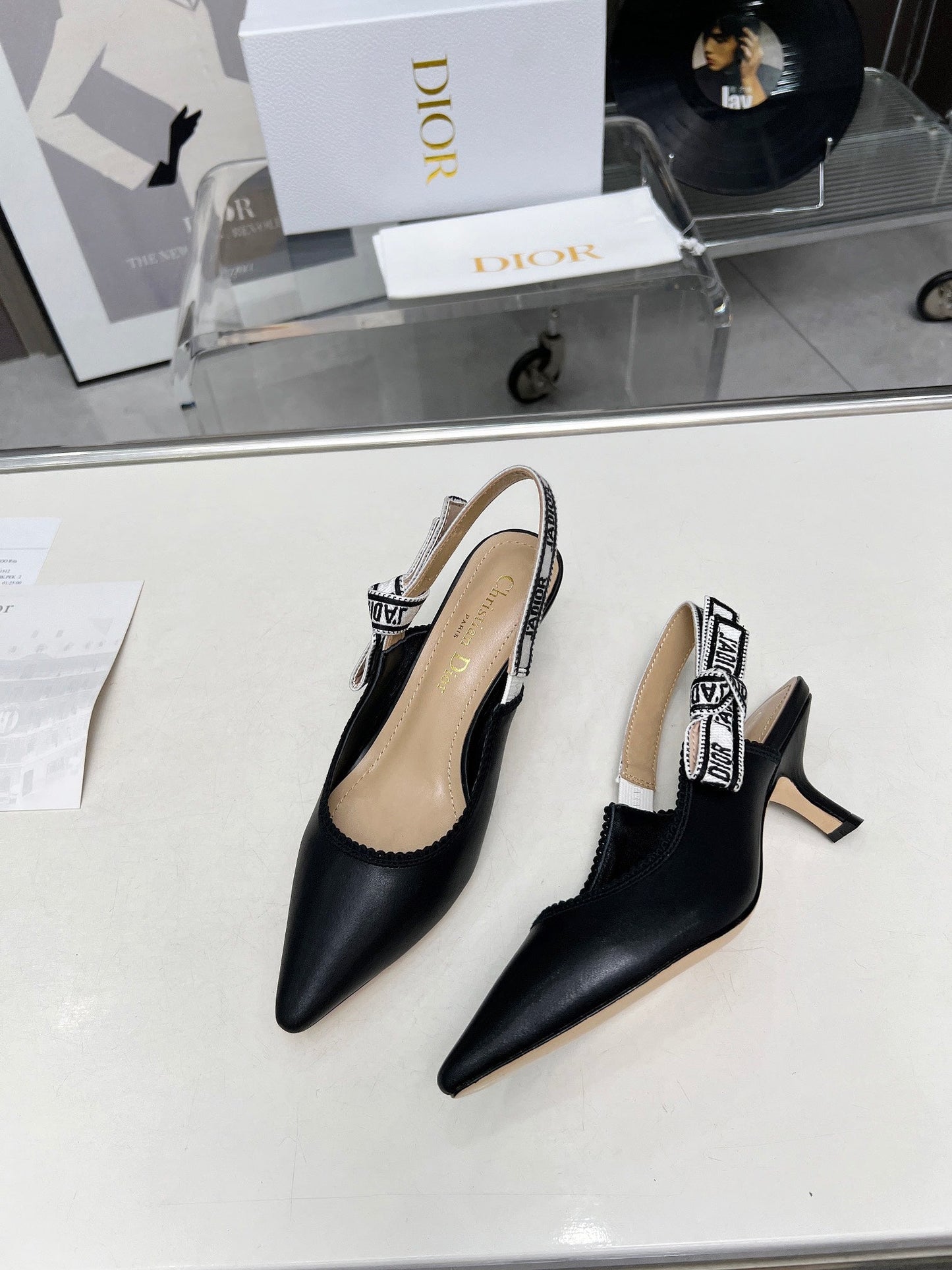 J'ADIOR SLINGBACK PUMP BLACK CALFSKIN AND EMBROIDERED FABRIC 65 MM - 34