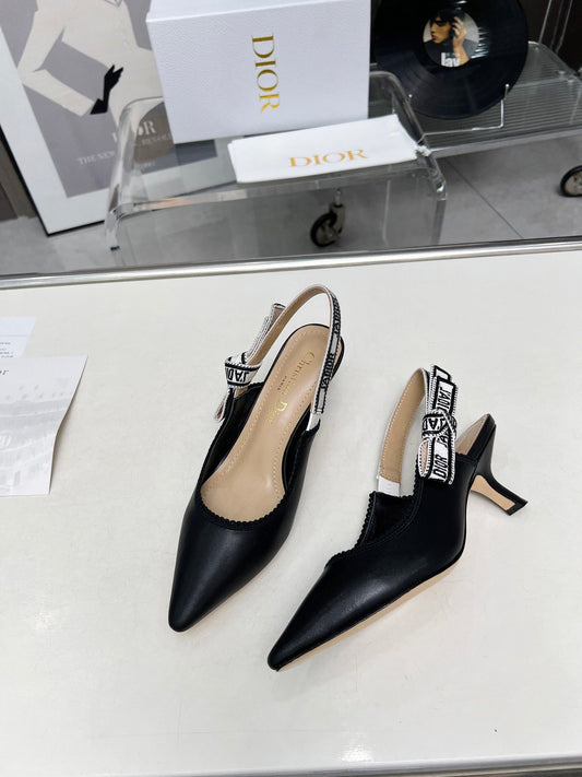 J'ADIOR SLINGBACK PUMP BLACK CALFSKIN AND EMBROIDERED FABRIC 65 MM - 34