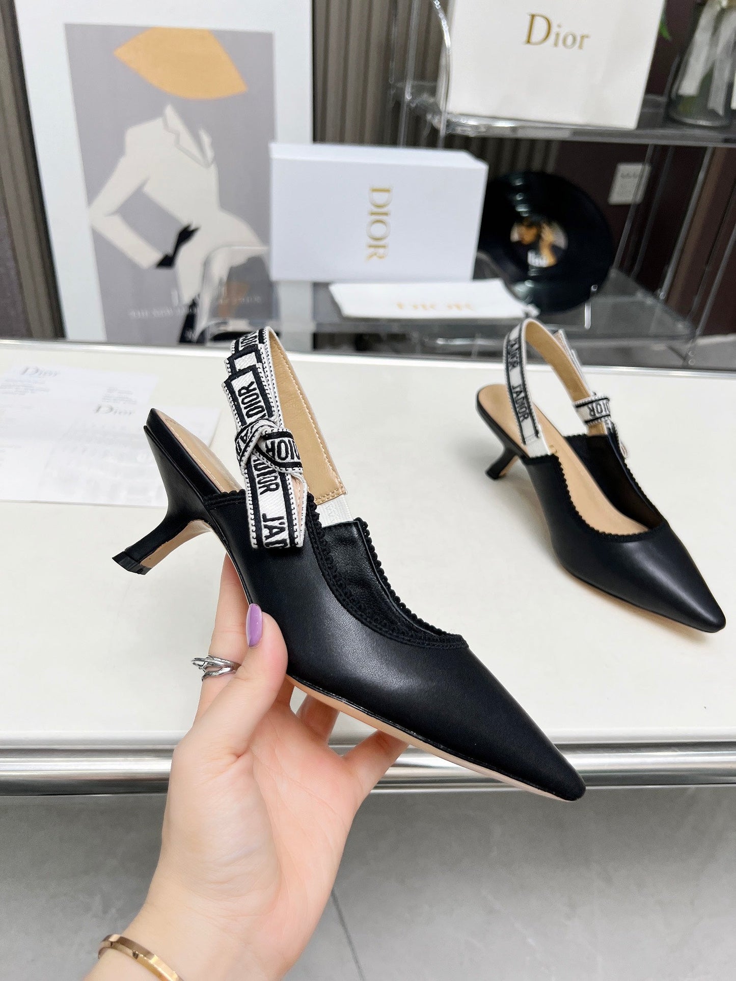 J'ADIOR SLINGBACK PUMP BLACK CALFSKIN AND EMBROIDERED FABRIC 65 MM - 34