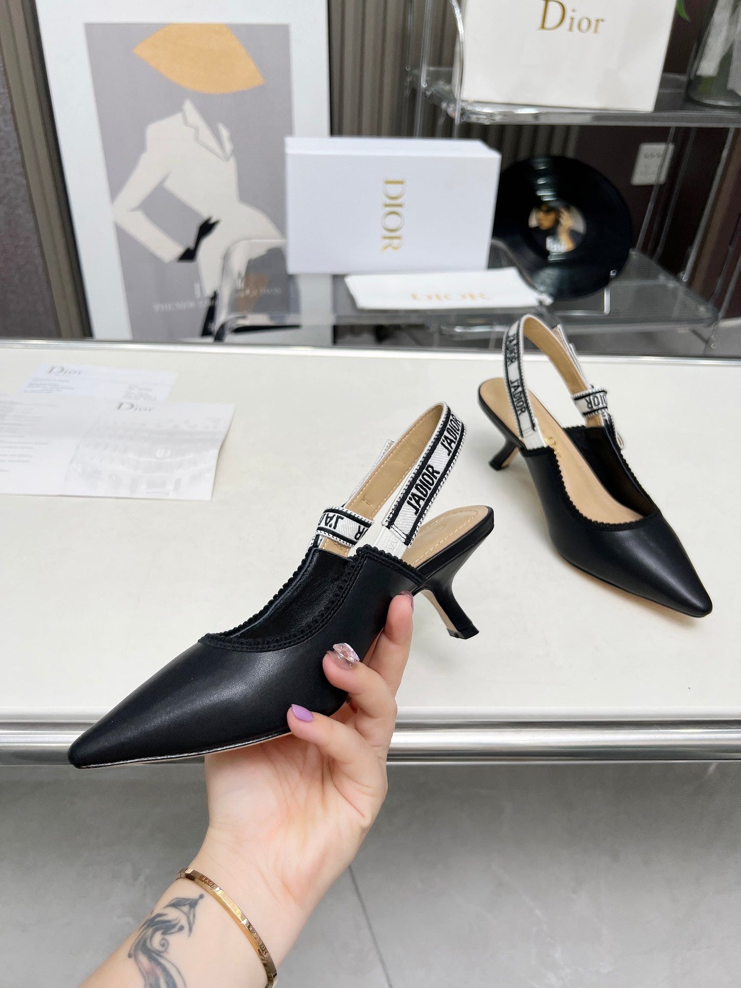 J'ADIOR SLINGBACK PUMP BLACK CALFSKIN AND EMBROIDERED FABRIC 65 MM - 34