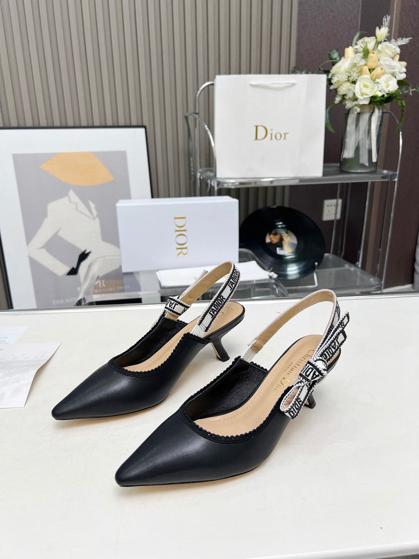 J'ADIOR SLINGBACK PUMP BLACK CALFSKIN AND EMBROIDERED FABRIC 65 MM - 34