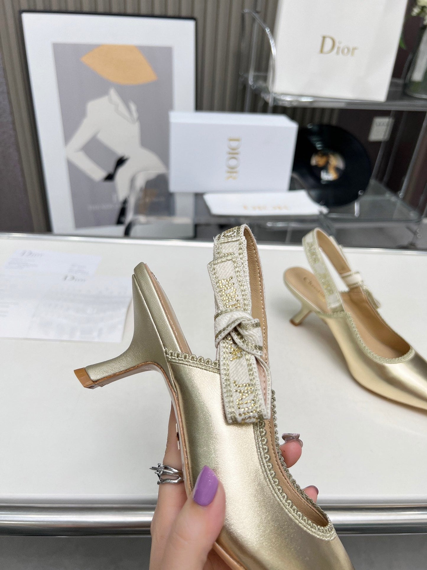 J'ADIOR SLINGBACK PUMP LIGHT GOLD CALFSKIN AND EMBROIDERED FABRIC 65 MM - 34