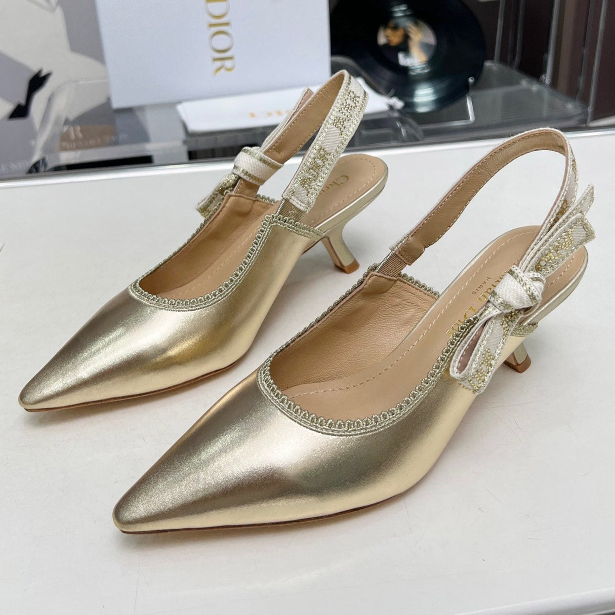 J'ADIOR SLINGBACK PUMP LIGHT GOLD CALFSKIN AND EMBROIDERED FABRIC 65 MM - 34