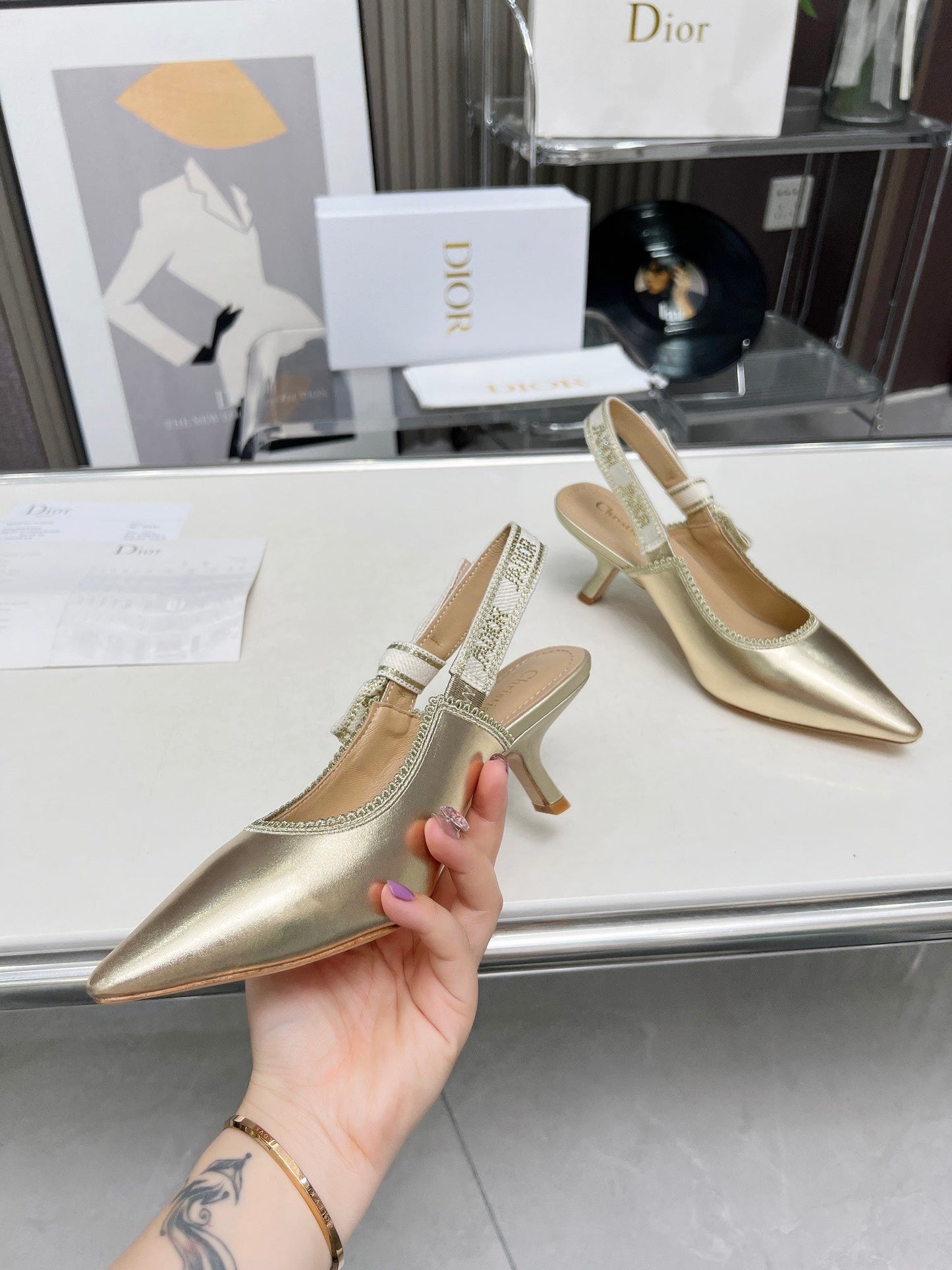 J'ADIOR SLINGBACK PUMP LIGHT GOLD CALFSKIN AND EMBROIDERED FABRIC 65 MM - 34