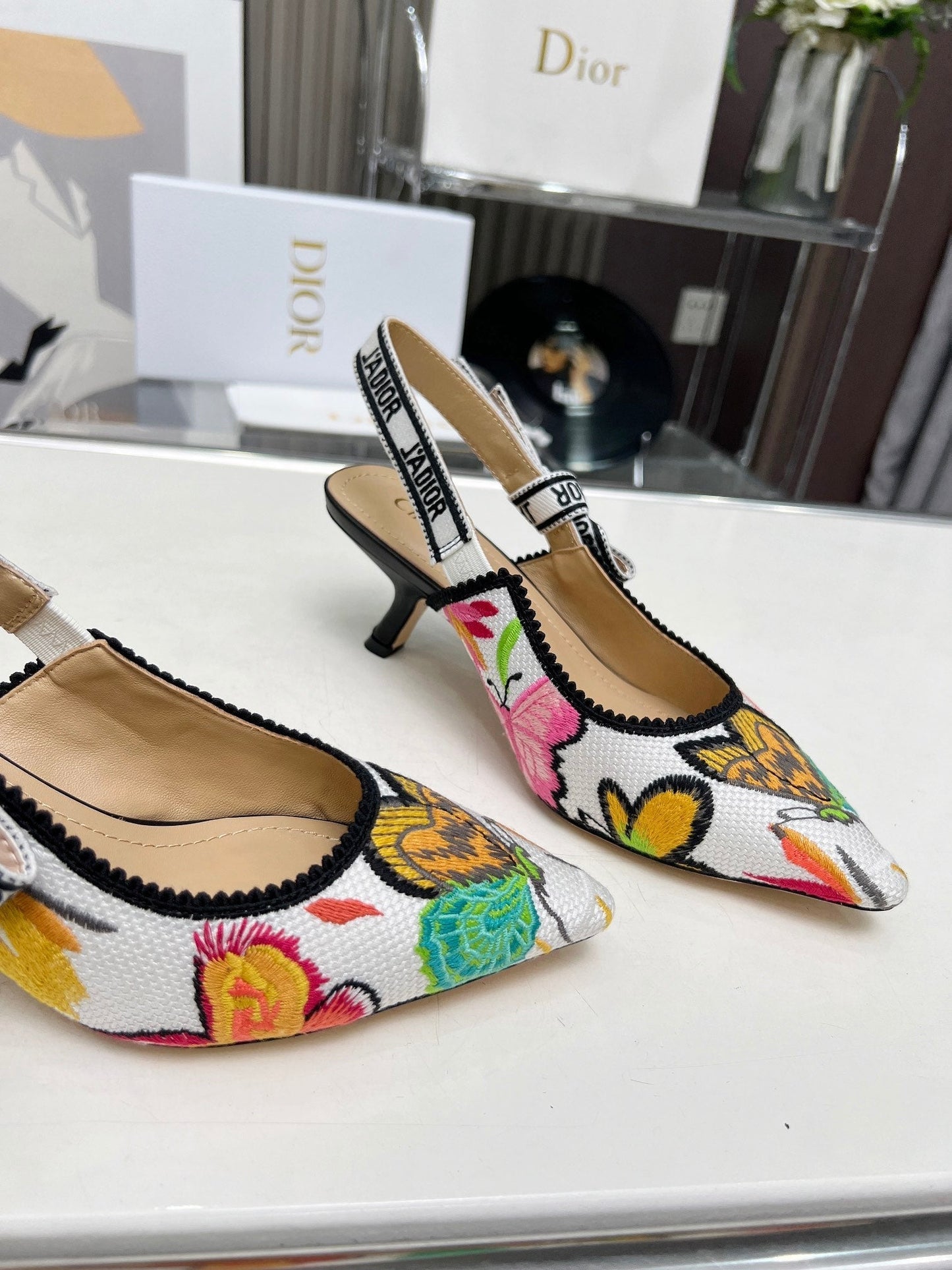 J'ADIOR SLINGBACK PUMP COLORFUL NATURAL RAFFIA AND EMBROIDERED COTTON 65 MM 130844 - 34