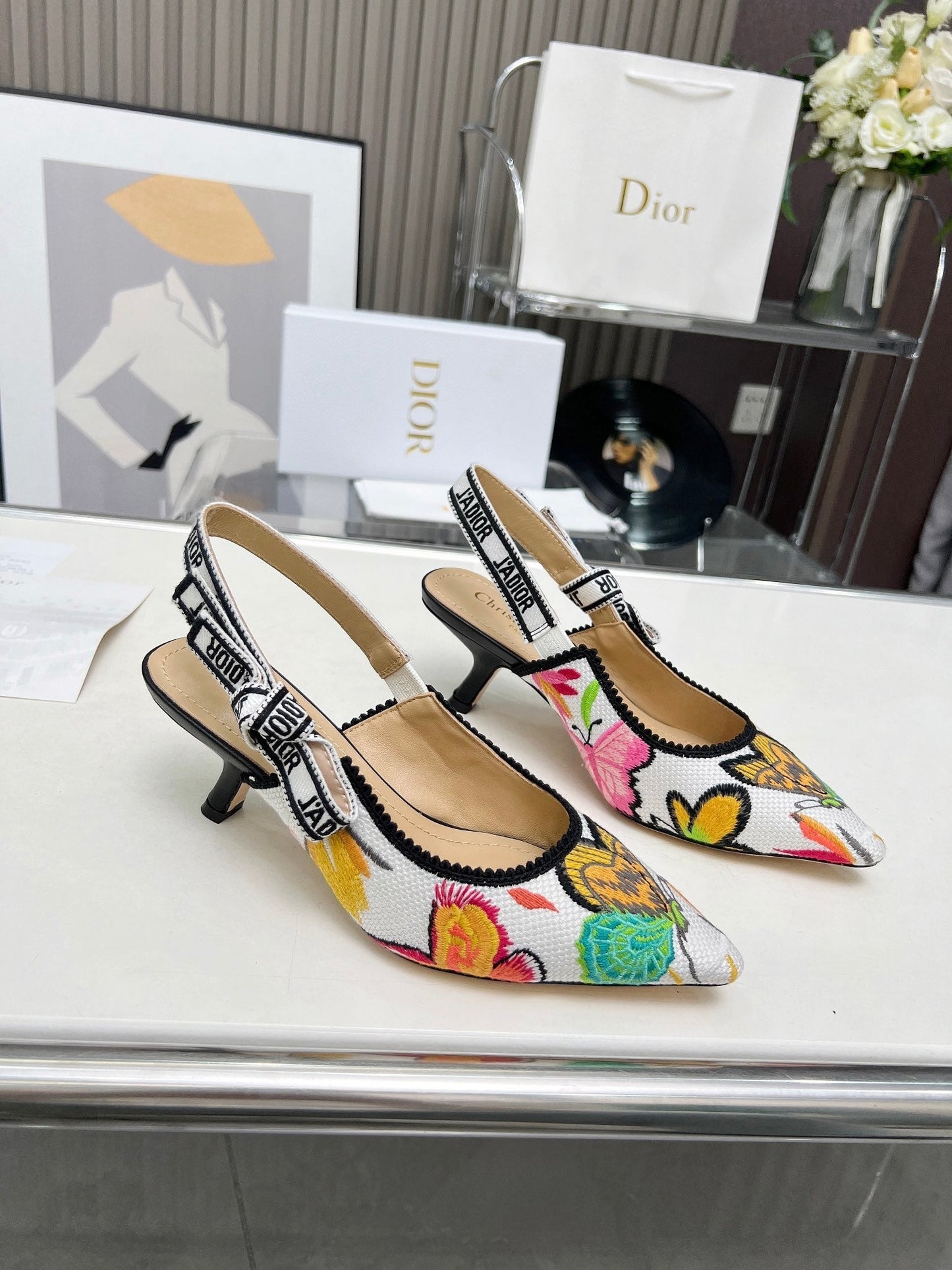 J'ADIOR SLINGBACK PUMP COLORFUL NATURAL RAFFIA AND EMBROIDERED COTTON 65 MM 130844 - 34