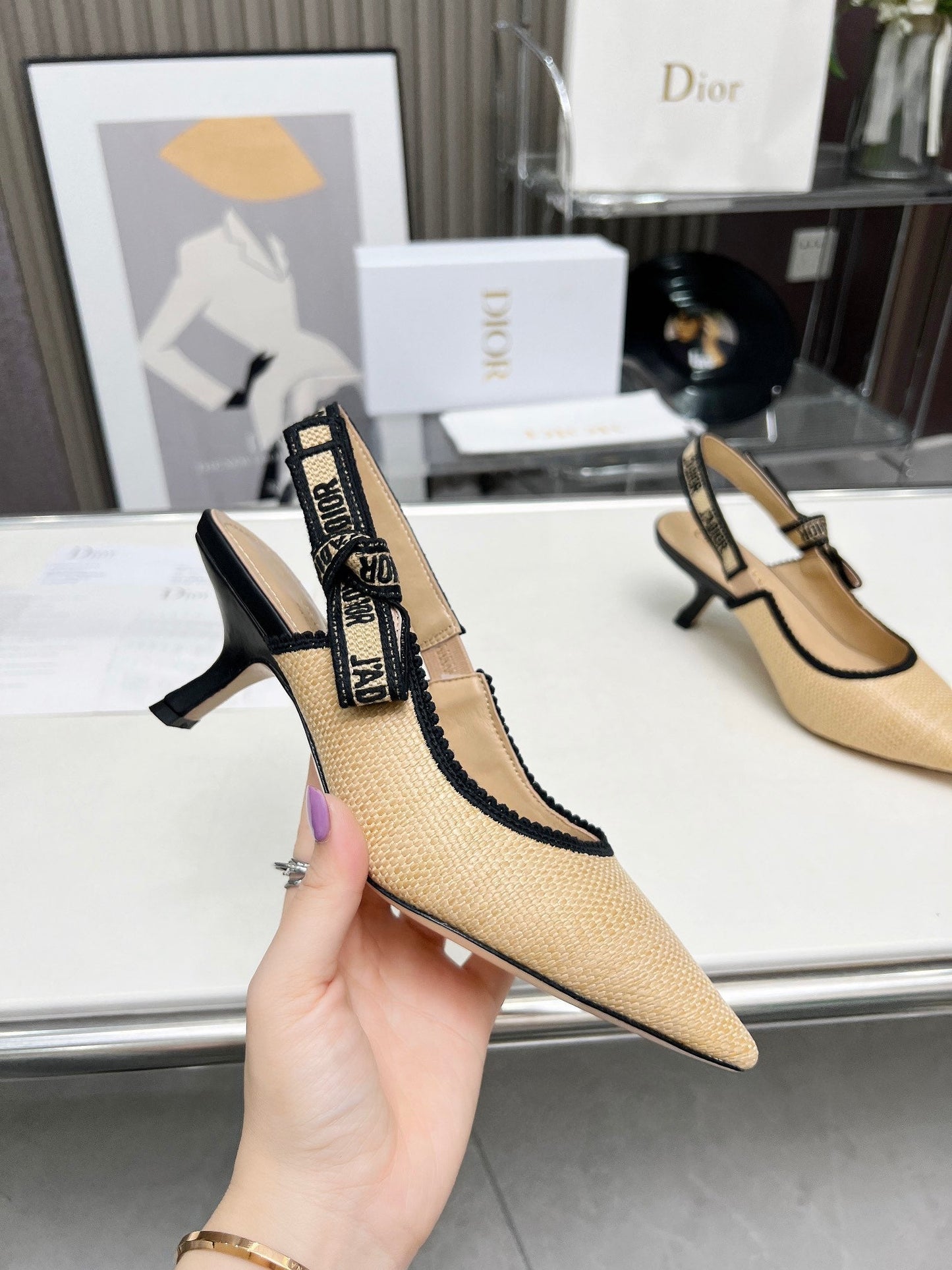J'ADIOR SLINGBACK PUMP NATURAL RAFFIA AND BLACK EMBROIDERED COTTON 65 MM - 34