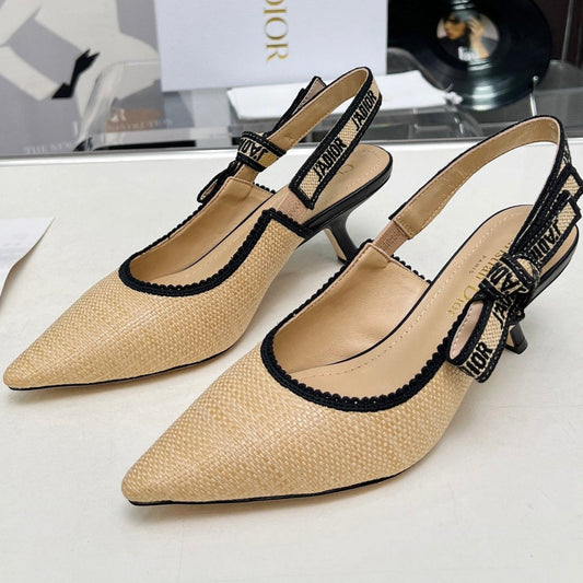 J'ADIOR SLINGBACK PUMP NATURAL RAFFIA AND BLACK EMBROIDERED COTTON 65 MM - 34